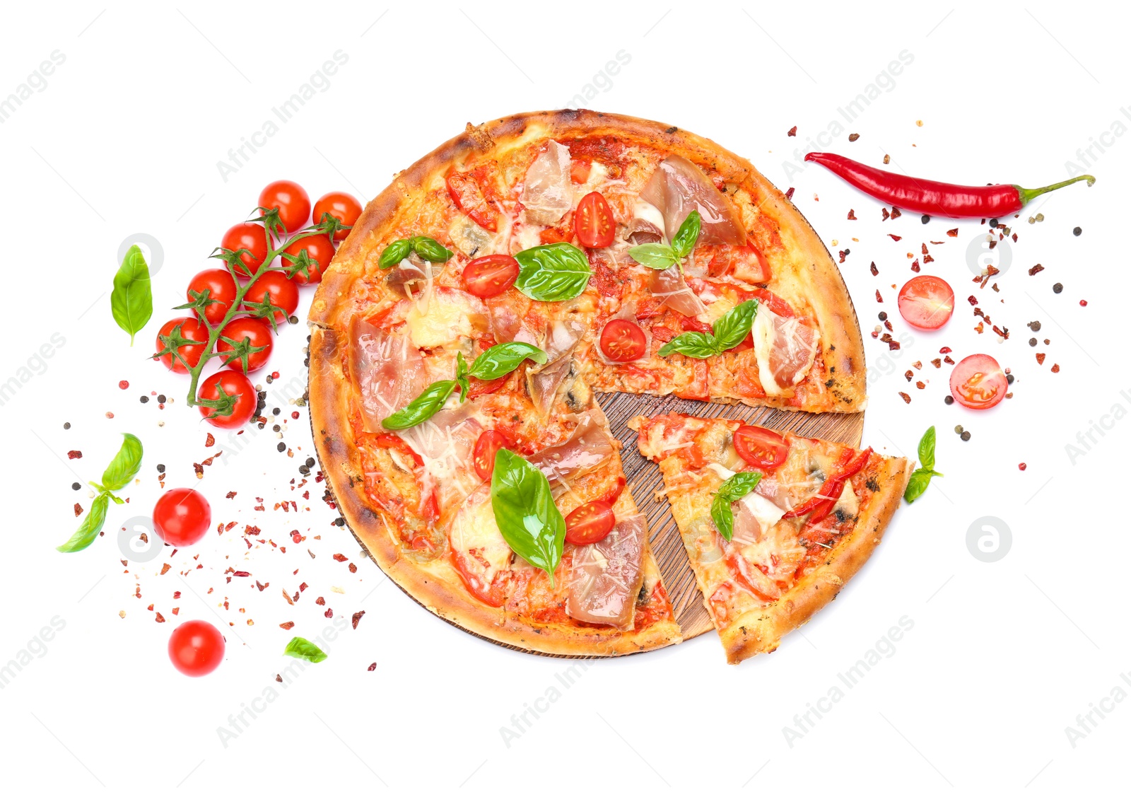 Photo of Delicious pizza with tomatoes and meat on white background