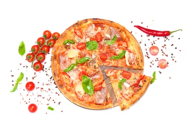 Delicious pizza with tomatoes and meat on white background