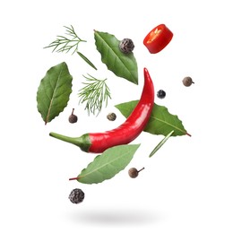 Image of Bay leaves, rosemary, dill, black and fresh red hot peppers falling on white background