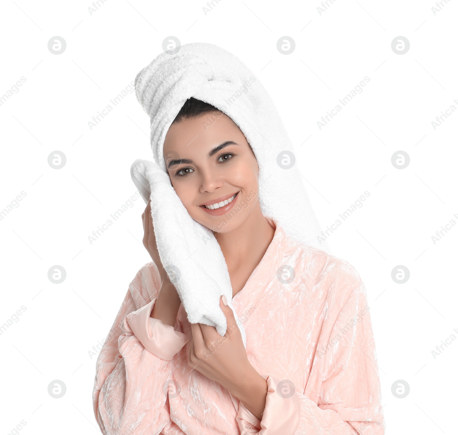 Photo of Young woman wiping face with towel on white background