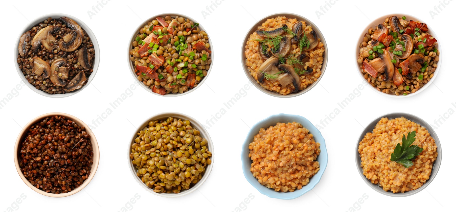 Image of Different lentil dishes in bowls on white background, top view