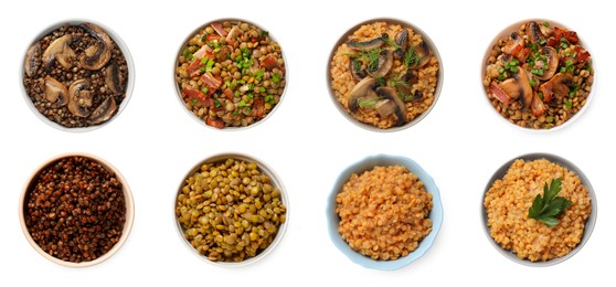 Image of Different lentil dishes in bowls on white background, top view