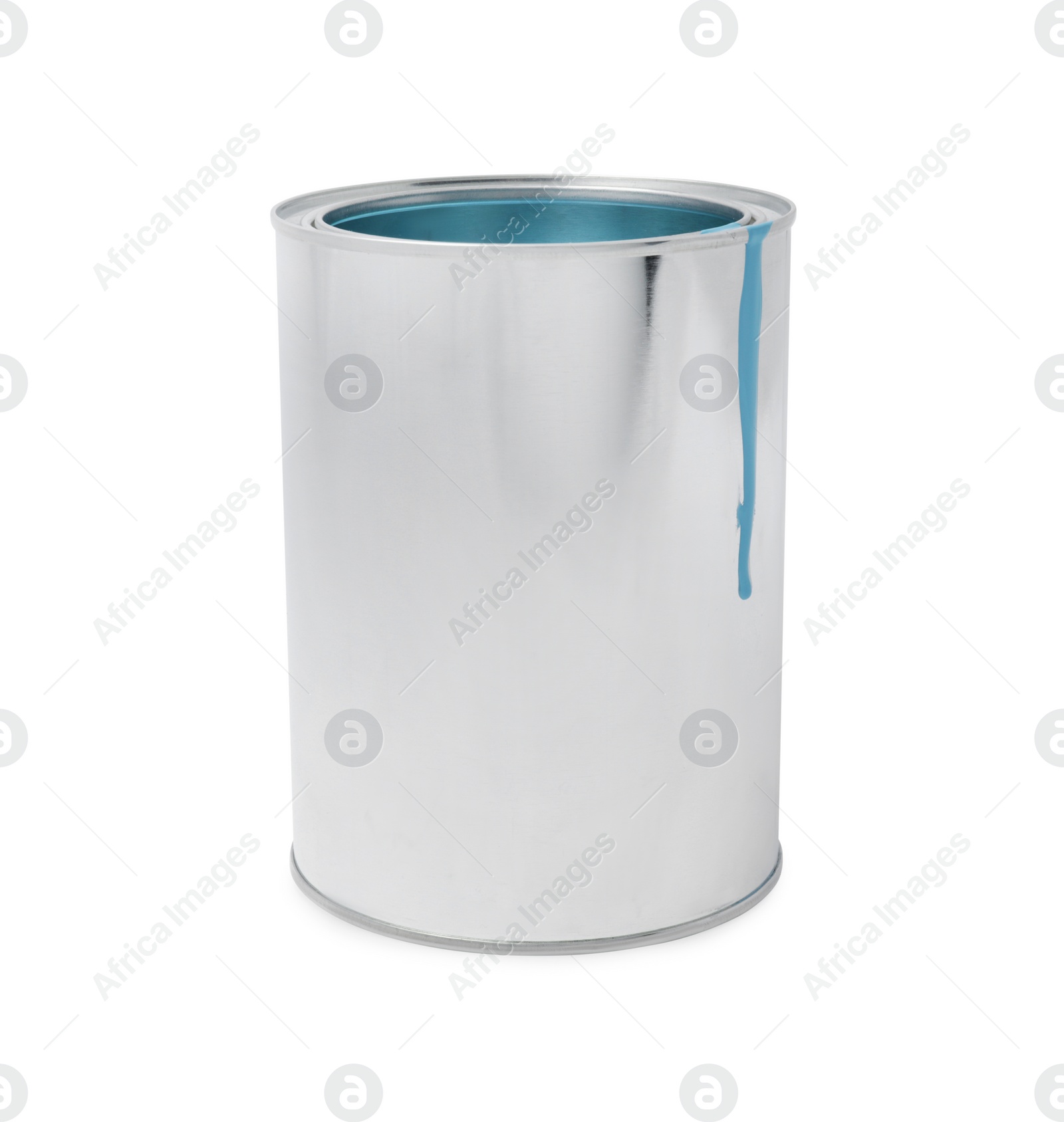 Photo of Can with light blue paint on white background