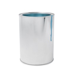 Photo of Can with light blue paint on white background