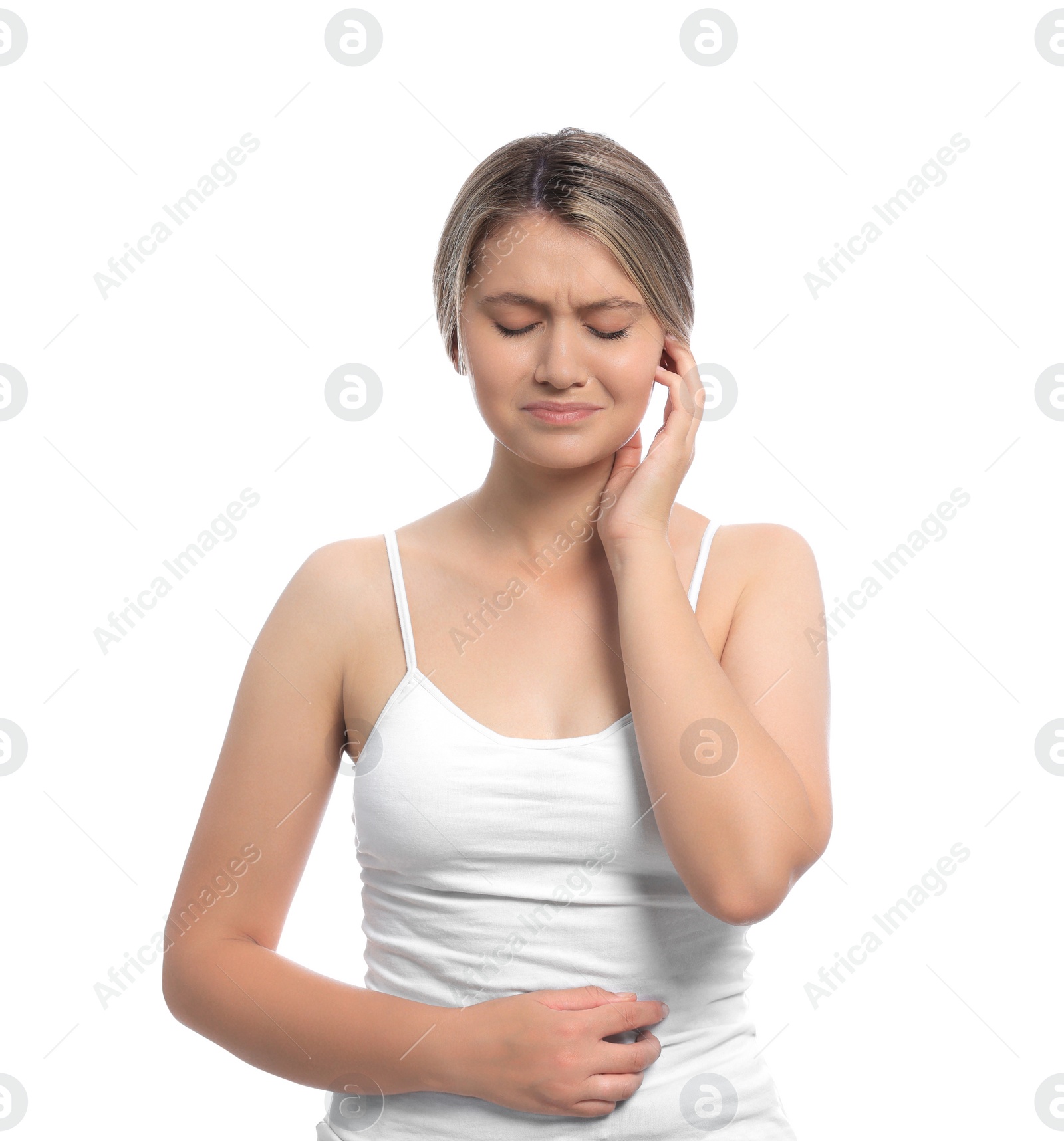 Photo of Young woman suffering from ear pain on white background