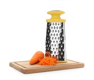 Photo of Stainless steel grater and fresh carrot on white background