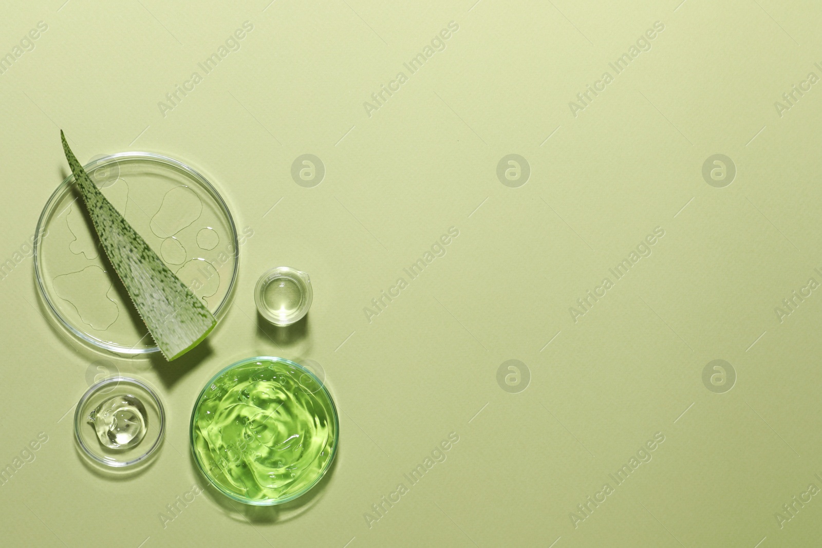 Photo of Organic cosmetic product, natural ingredients and laboratory glassware on green background, flat lay. Space for text