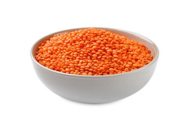 Photo of Raw red lentils in bowl isolated on white