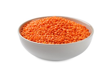 Raw red lentils in bowl isolated on white