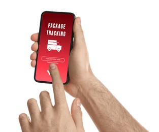 Image of Man tracking parcel via smartphone on white background, closeup