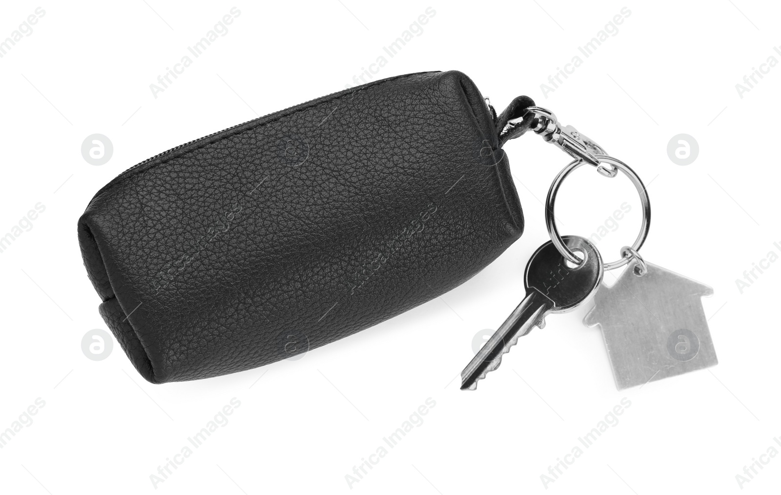 Photo of Leather case with key isolated on white, top view