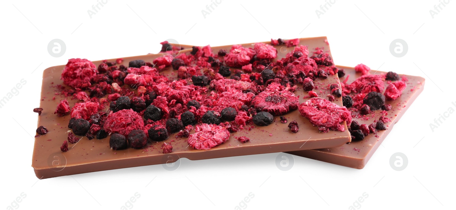 Photo of Chocolate bars with freeze dried berries on white background