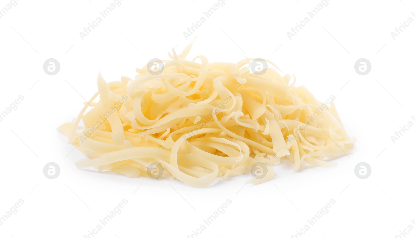 Photo of Pile of tasty grated cheese isolated on white