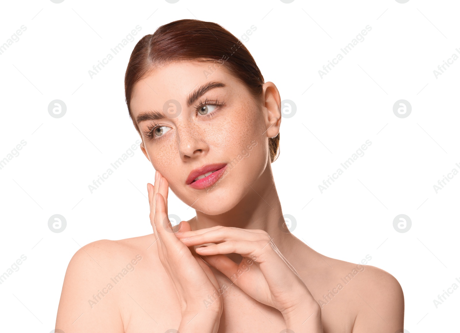 Photo of Portrait of beautiful woman on white background