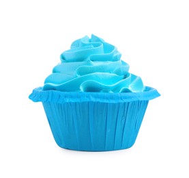 Photo of Tasty cupcake with blue cream isolated on white