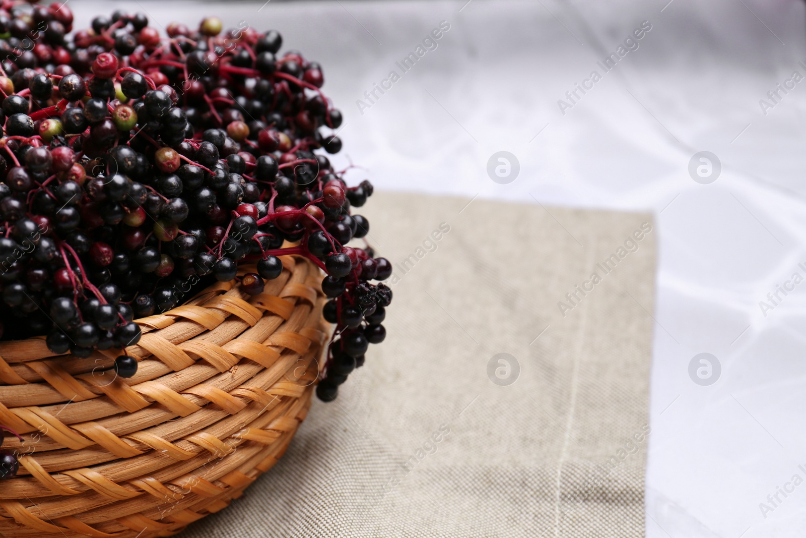 Photo of Tasty elderberries (Sambucus) on light grey cloth, closeup. Space for text