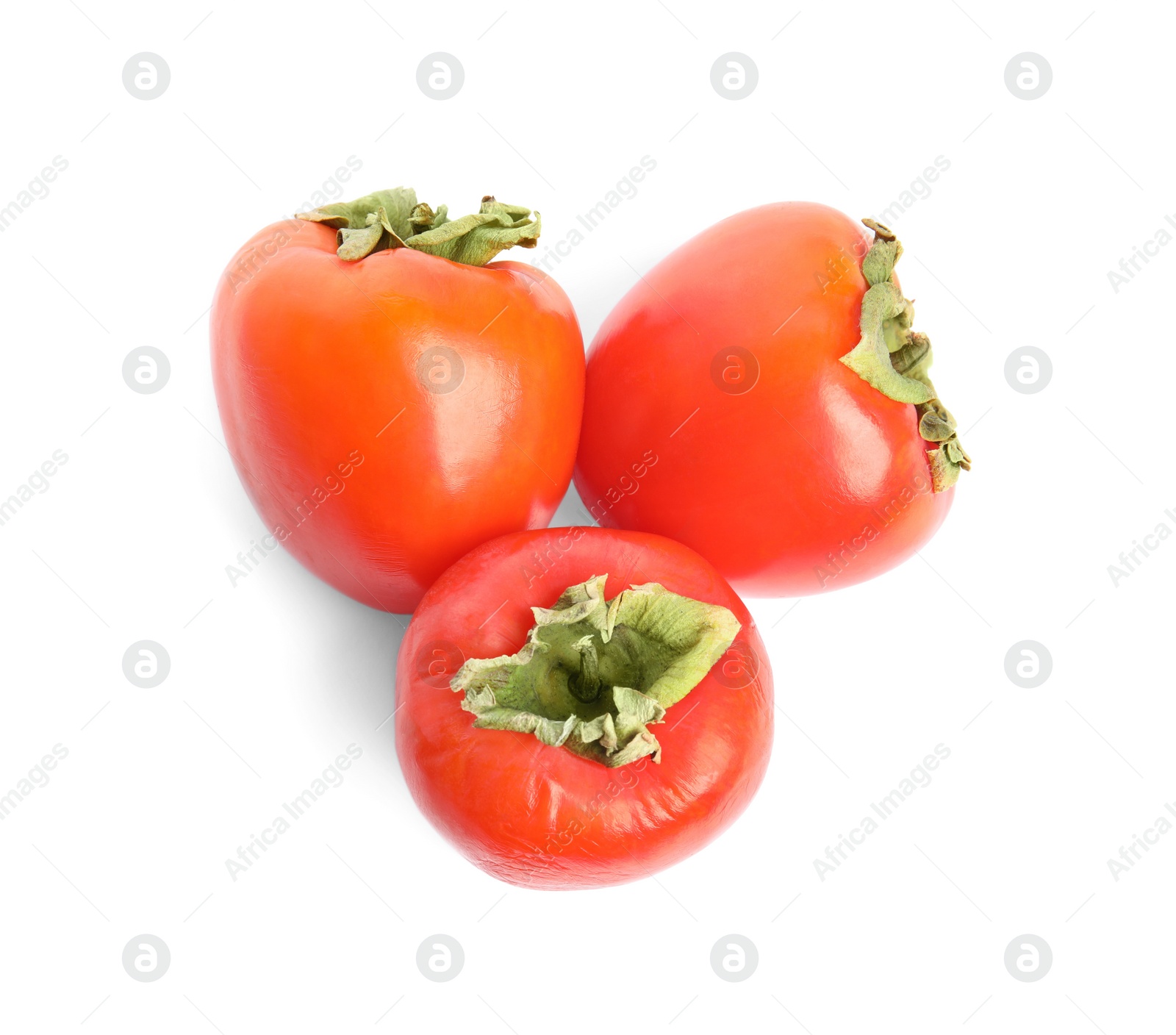 Photo of Delicious fresh ripe persimmons isolated on white, top view