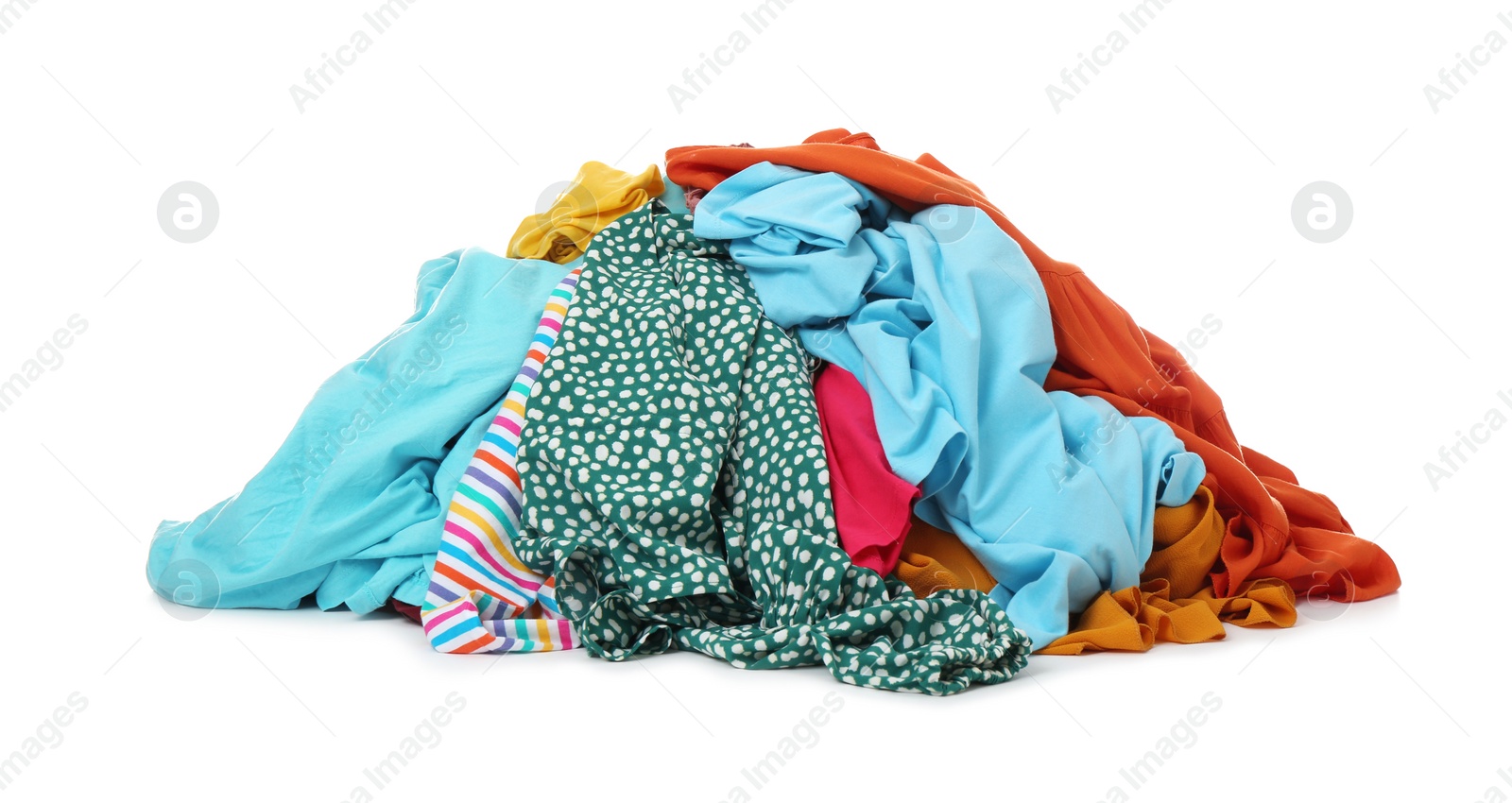 Photo of Pile of dirty clothes on white background