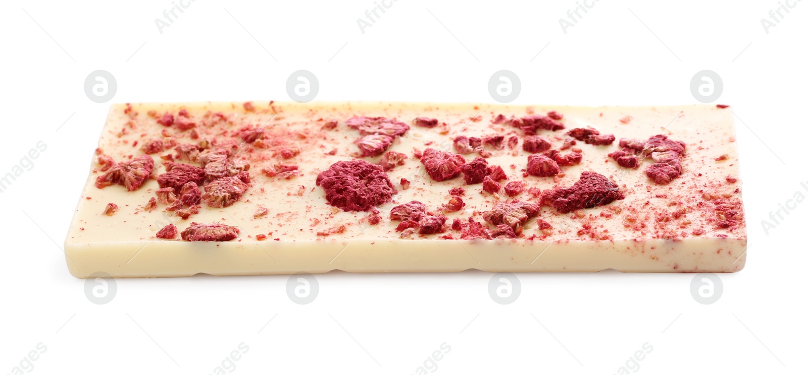 Photo of Chocolate bar with freeze dried raspberries isolated on white