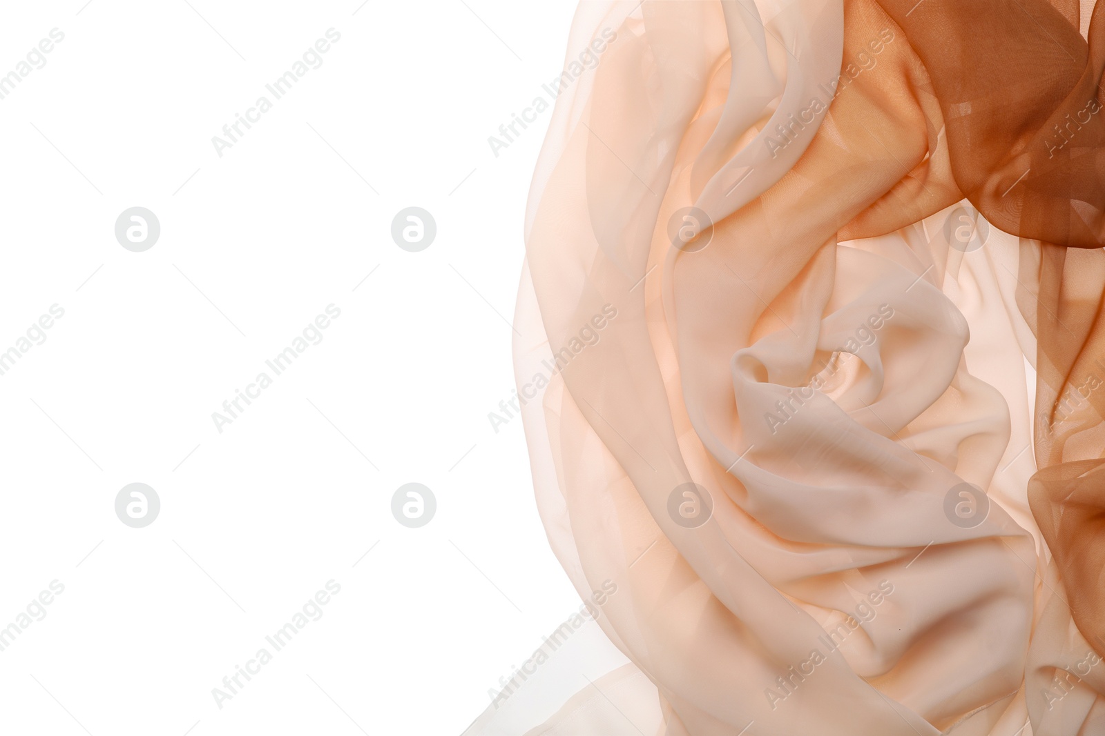 Photo of Beautiful colorful tulle fabrics on white background, top view. Space for text