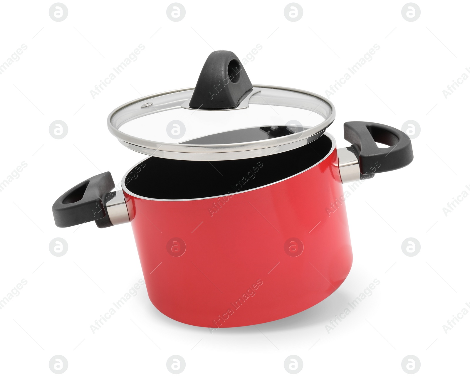 Photo of One red pot with glass lid isolated on white