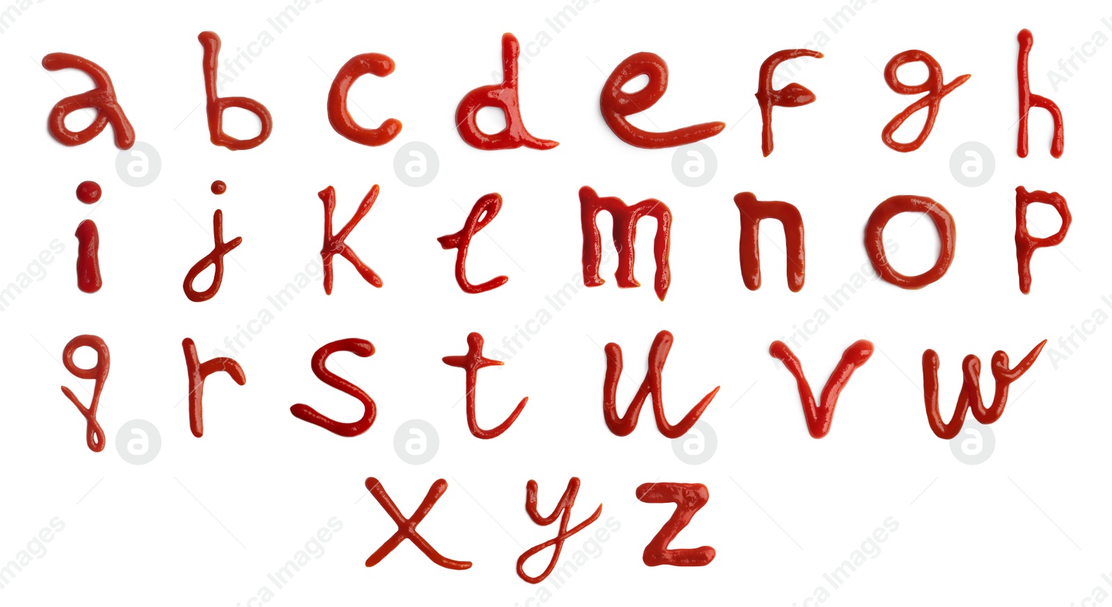 Image of Alphabet made of ketchup on white background