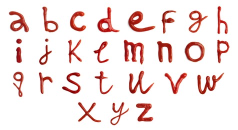 Alphabet made of ketchup on white background