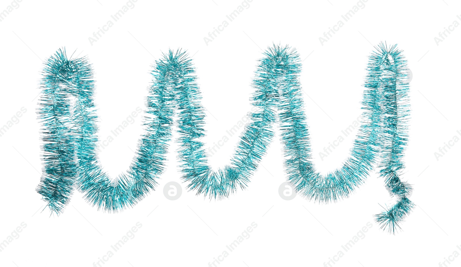 Photo of Shiny light blue tinsel isolated on white. Christmas decoration