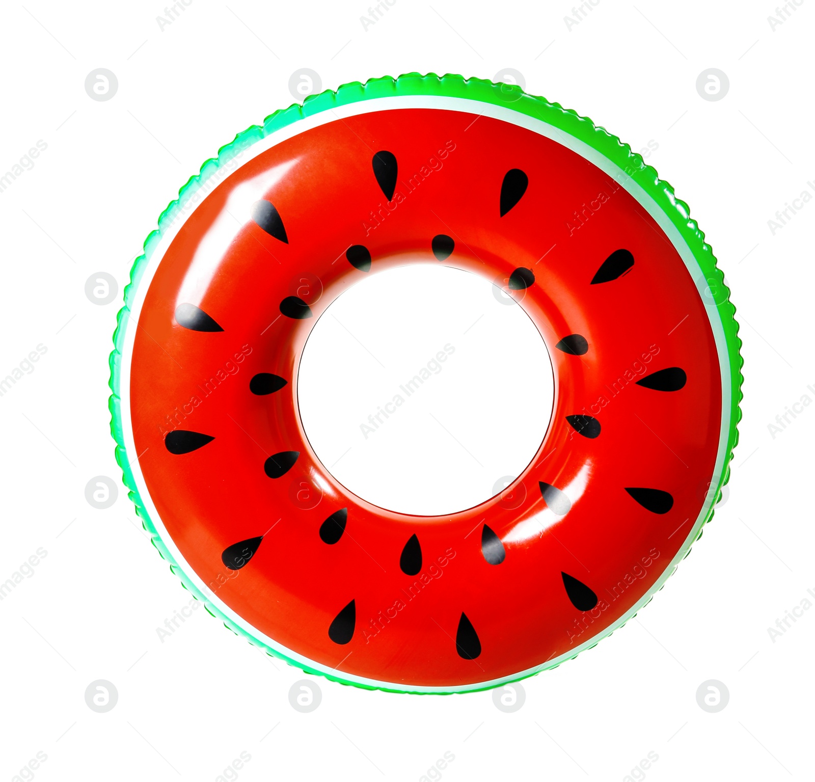 Photo of Bright inflatable ring on white background. Summer holidays