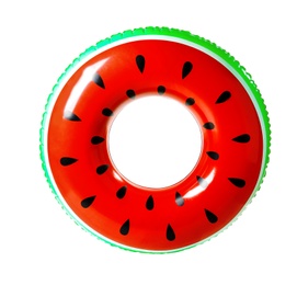 Photo of Bright inflatable ring on white background. Summer holidays