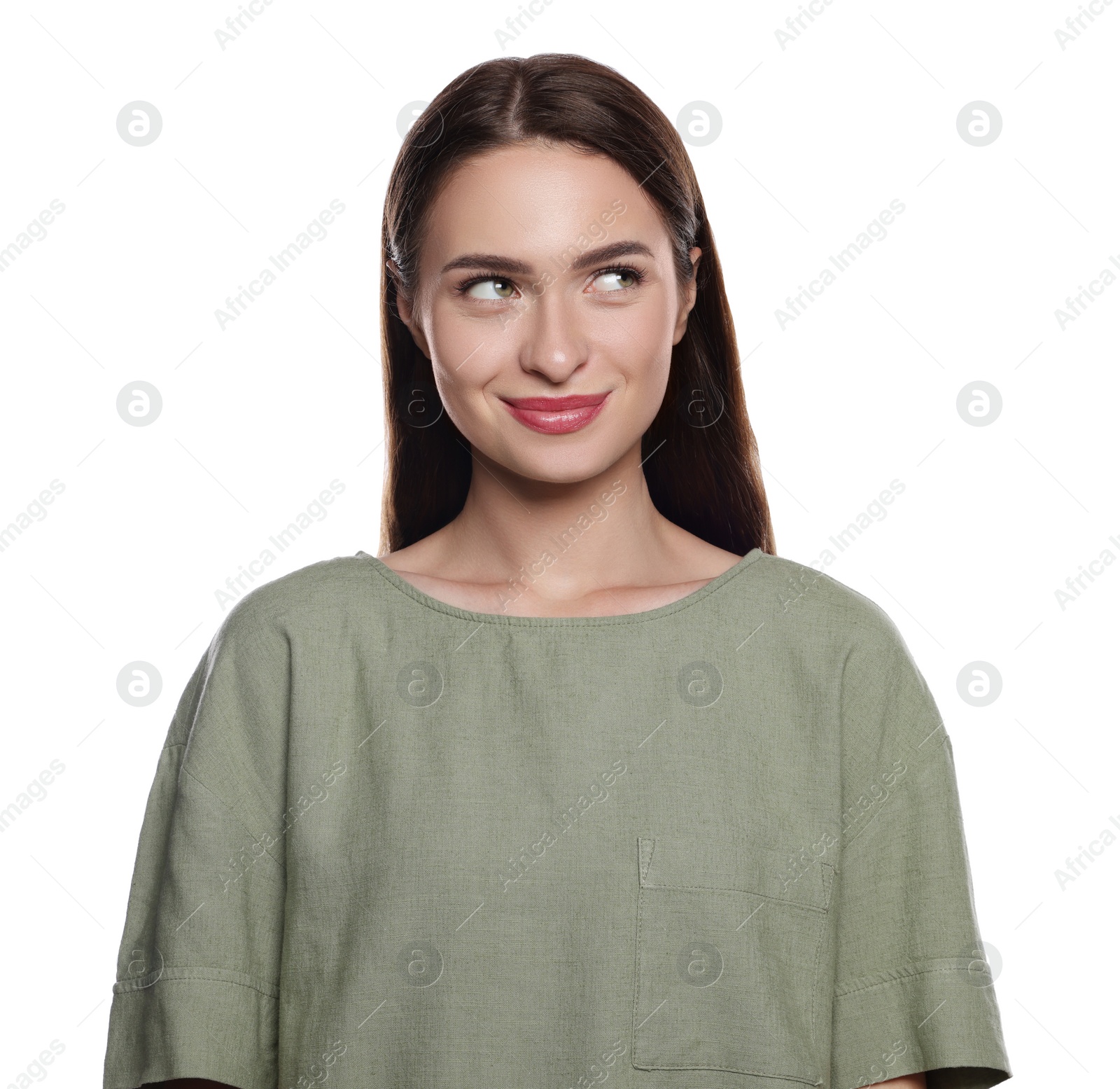 Photo of Embarrassed young woman in shirt on white background