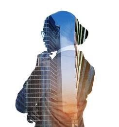 Image of Double exposure of businesswoman and cityscape on white background