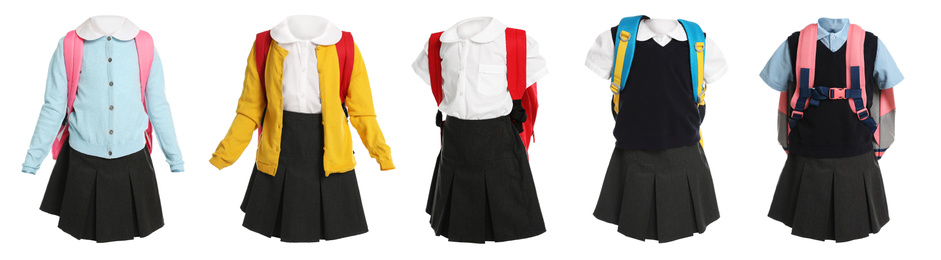 Image of Set of school uniforms for girls on white background. Banner design 