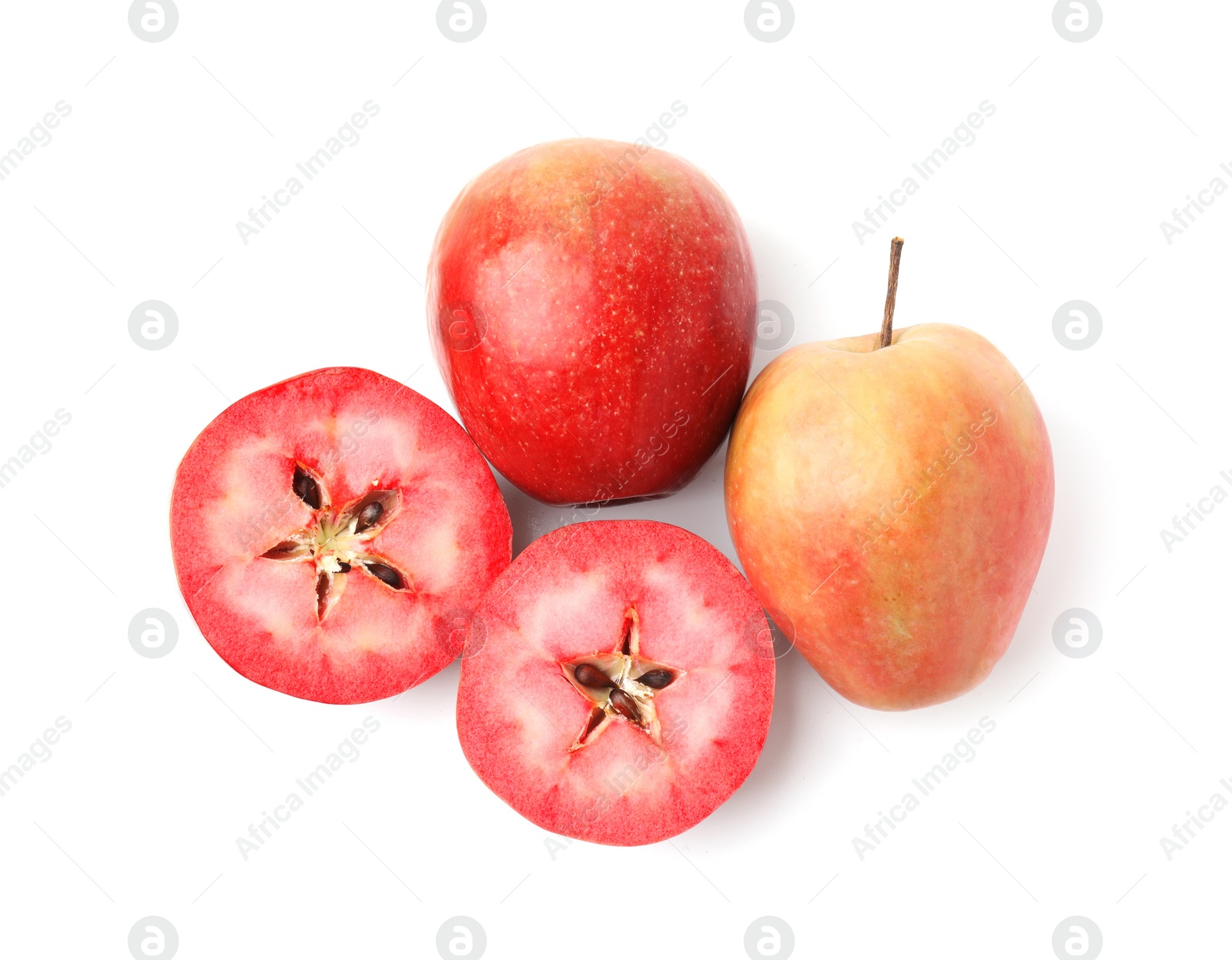 Photo of Tasty apples with red pulp isolated on white, top view