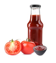 Tasty ketchup and fresh ripe tomatoes on white background