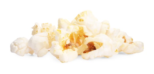 Photo of Fresh popcorn isolated on white. Tasty snack