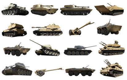 Set of different military machinery on white background