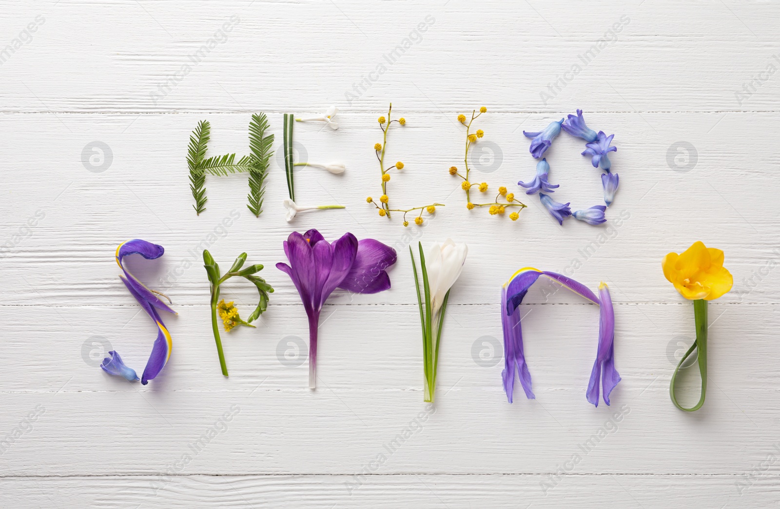 Photo of Words HELLO SPRING made of fresh flowers on white wooden table, flat lay