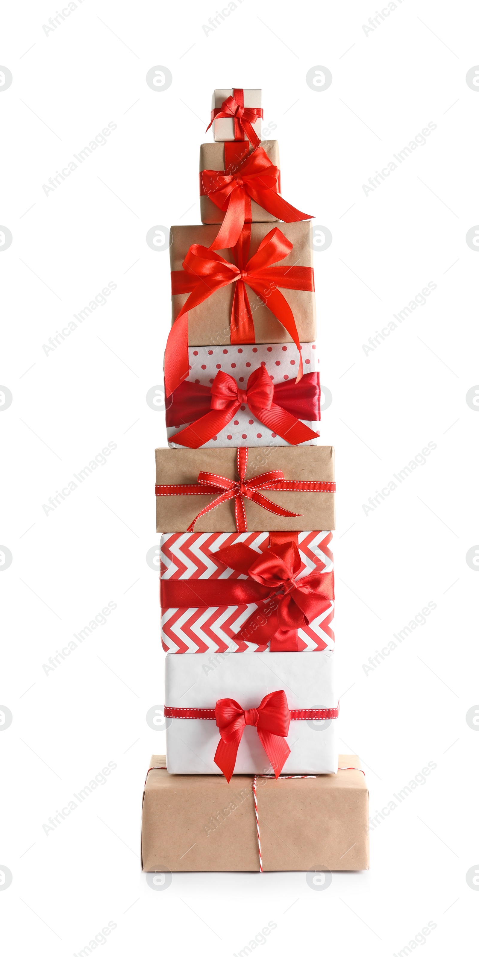 Photo of Beautifully wrapped gift boxes on white background