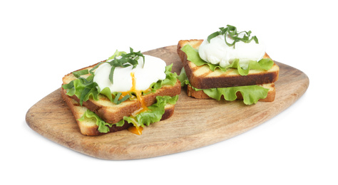 Delicious poached egg sandwiches isolated on white