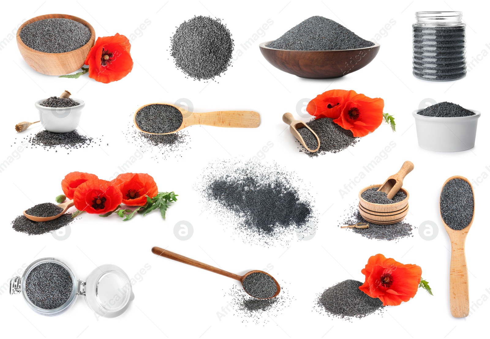 Image of Collage with poppy seeds on white background