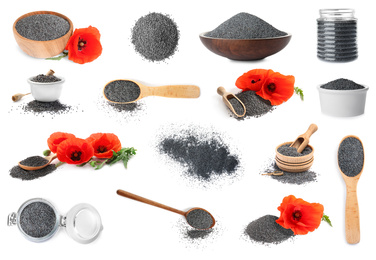 Image of Collage with poppy seeds on white background