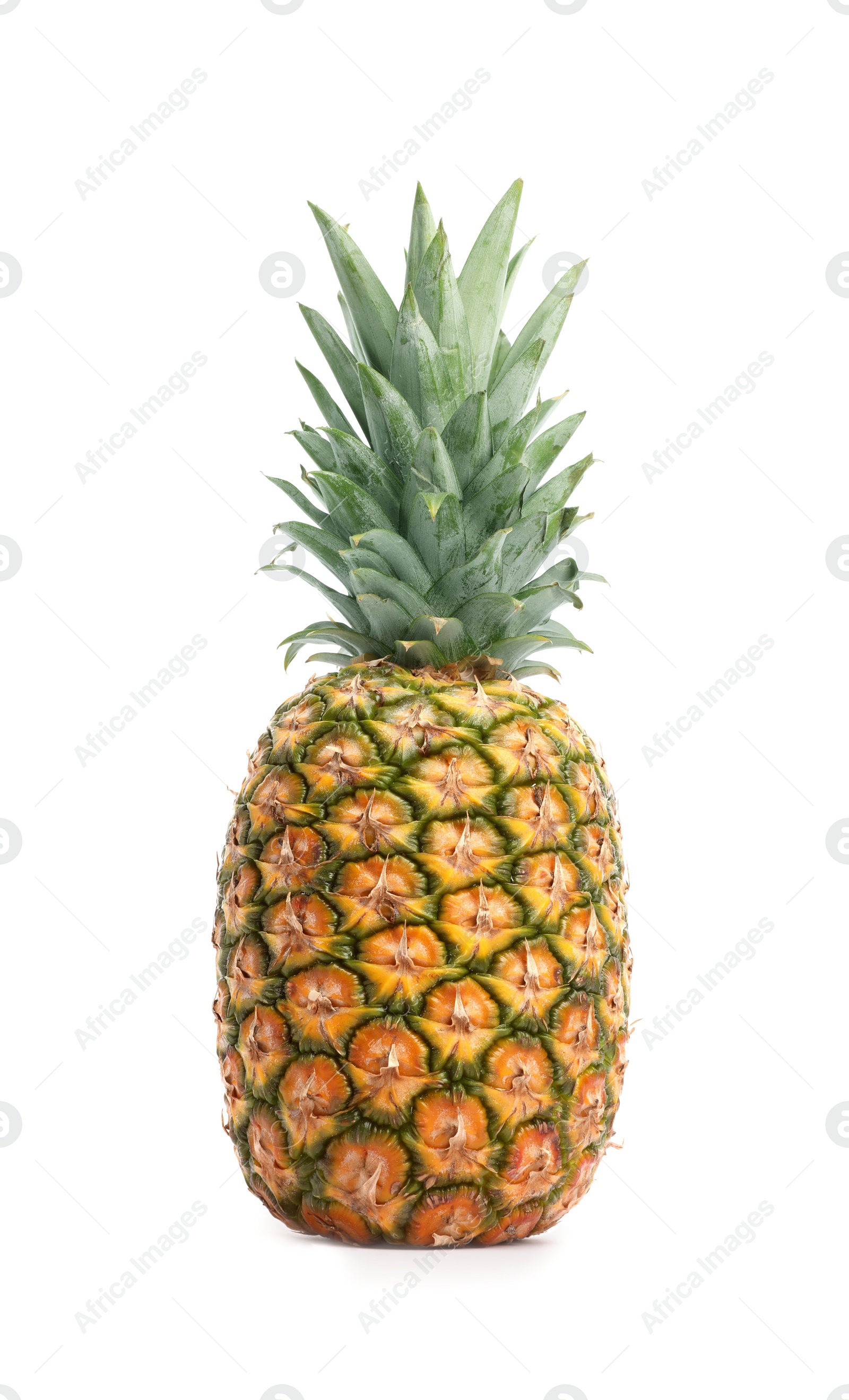 Photo of Tasty whole pineapple with leaves on white background