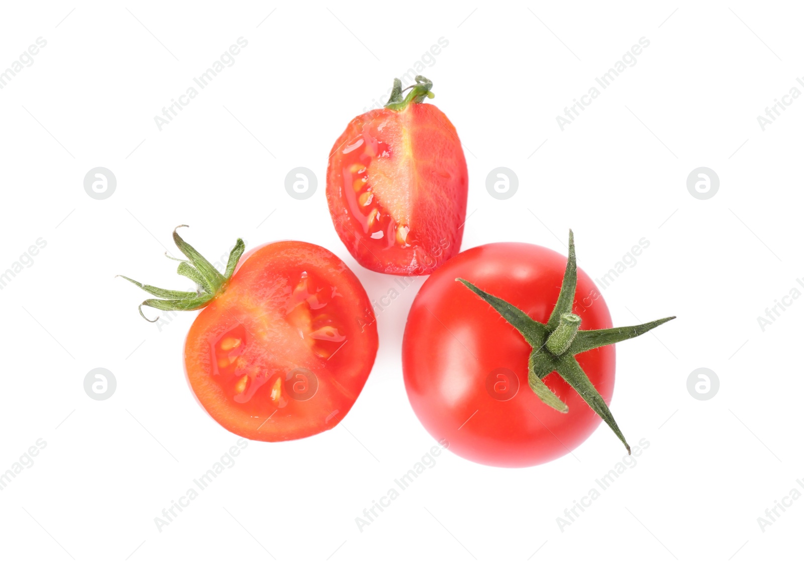 Photo of Tasty fresh raw tomatoes isolated on white, top view