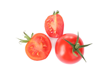 Photo of Tasty fresh raw tomatoes isolated on white, top view