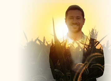 Image of Double exposure of farmer and wheat field on white background