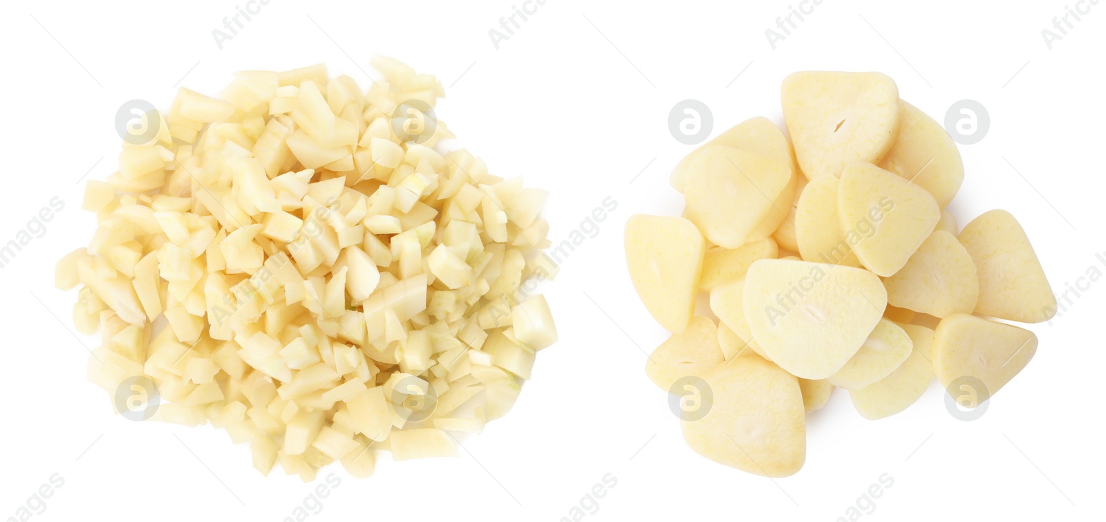 Image of Heaps of cut garlic on white background, top view. Banner design