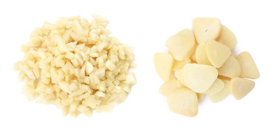 Image of Heaps of cut garlic on white background, top view. Banner design