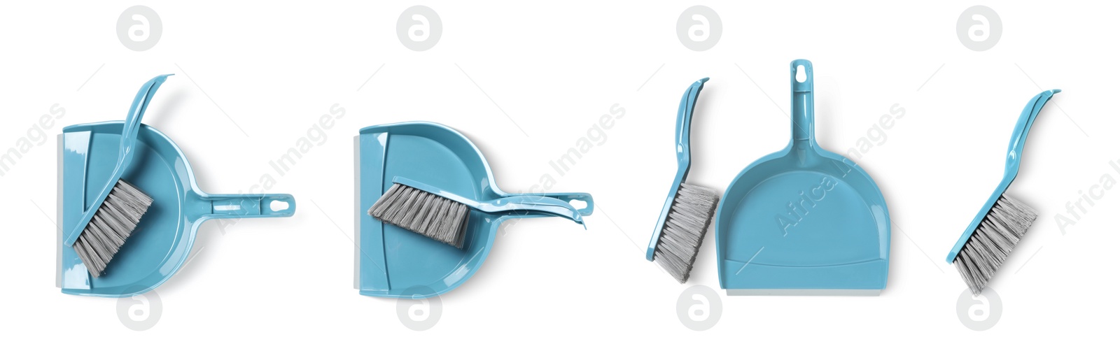 Image of Set with plastic hand brooms and dustpans on white background, top view. Banner design