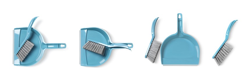 Image of Set with plastic hand brooms and dustpans on white background, top view. Banner design